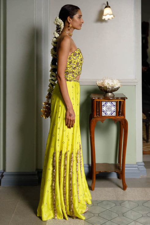 Nissa Lime Yellow Embroidered Choli With Sharara